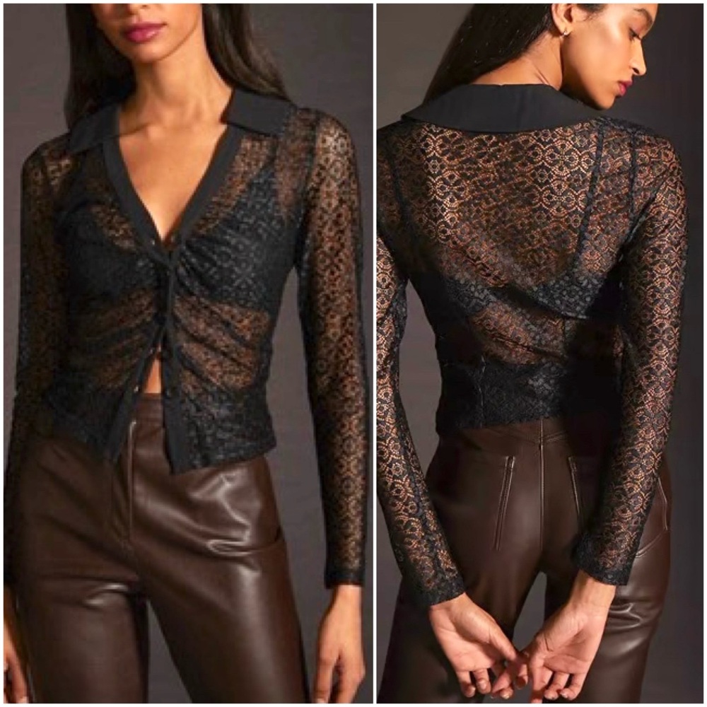 NWT Anthropologie Large Black Sheer Lace Buttondown Blouse Top